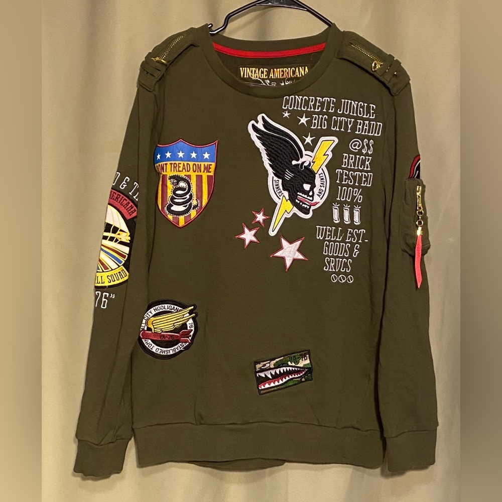 Vintage America Denim Outpost Crewneck Sweatshirt with Patches Army Green Men XL